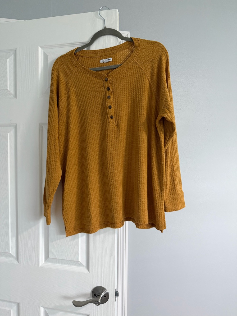 Sonoma Mustard Waffle Henley Long Sleeve Top
